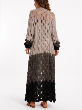 Gradient Taupe to Black Open-Knit Maxi Cardigan